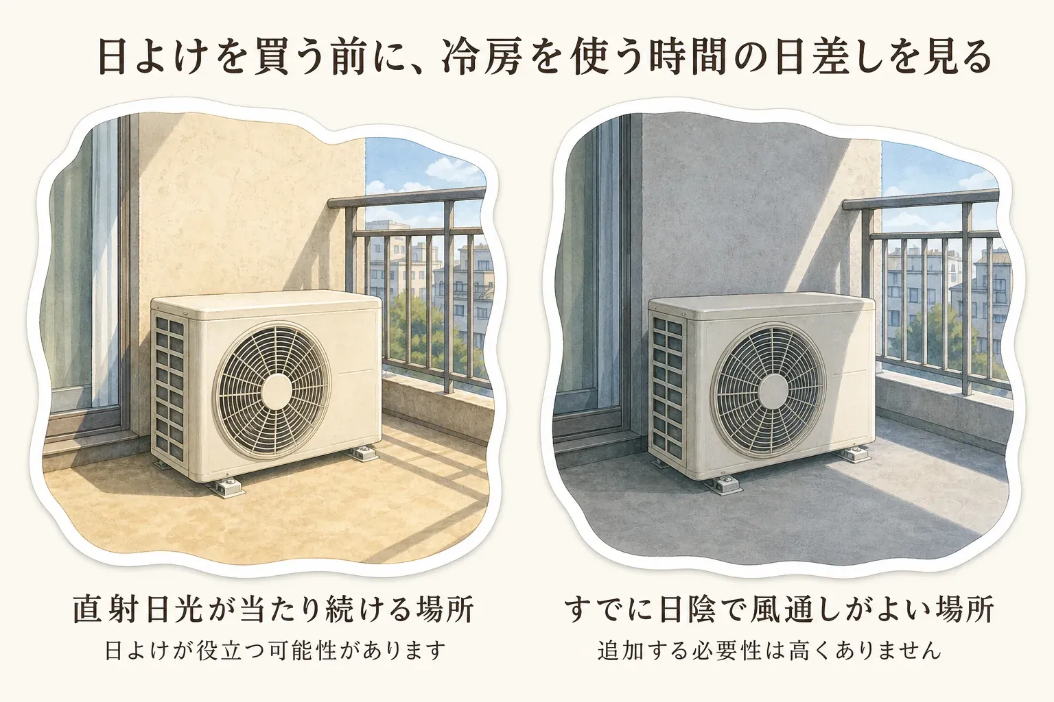 エアコン室外機が直射日光を受ける場合と、日陰で風通しがよい場合を対比し、日よけの必要性を判断する条件を示した図