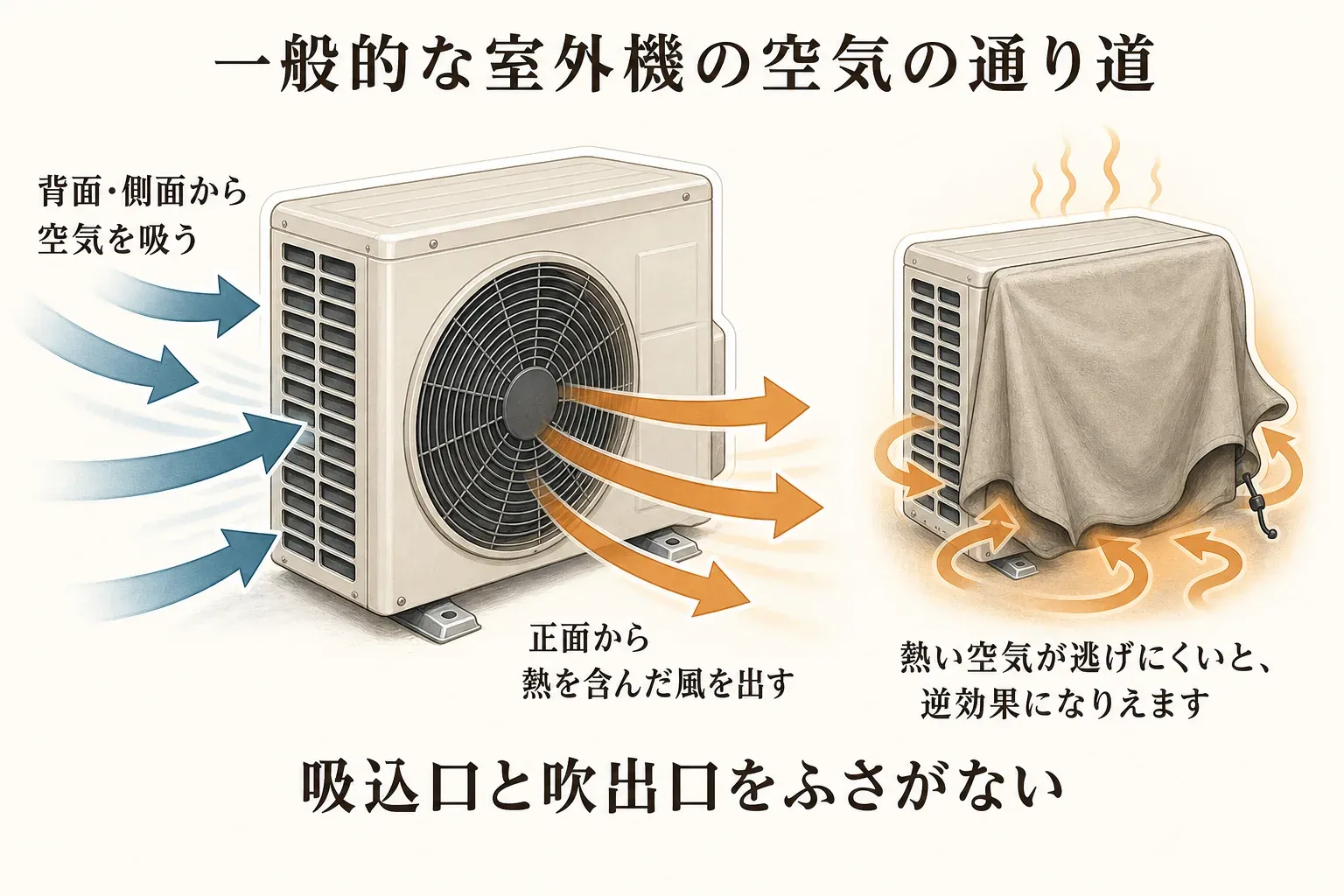 エアコン室外機が背面や側面から空気を吸い込み、正面から熱い空気を排出する流れと、吸込口・吹出口をふさぐと排熱を妨げることを示した図（出典：資源エネルギー庁、日本冷凍空調工業会の案内を基に作成）