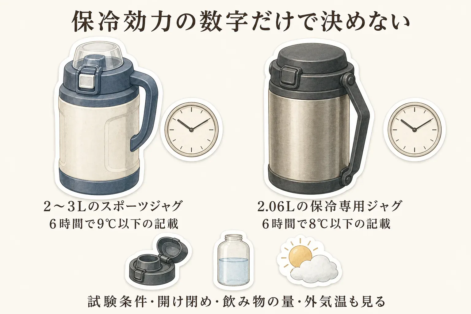 保冷効力を数字だけで決めないよう、2〜3Lのスポーツジャグの「6時間で9℃以下」と2.06Lの保冷専用ジャグの「6時間で8℃以下」の記載を並べ、試験条件・開け閉め・飲み物の量・外気温も確認することを示す図