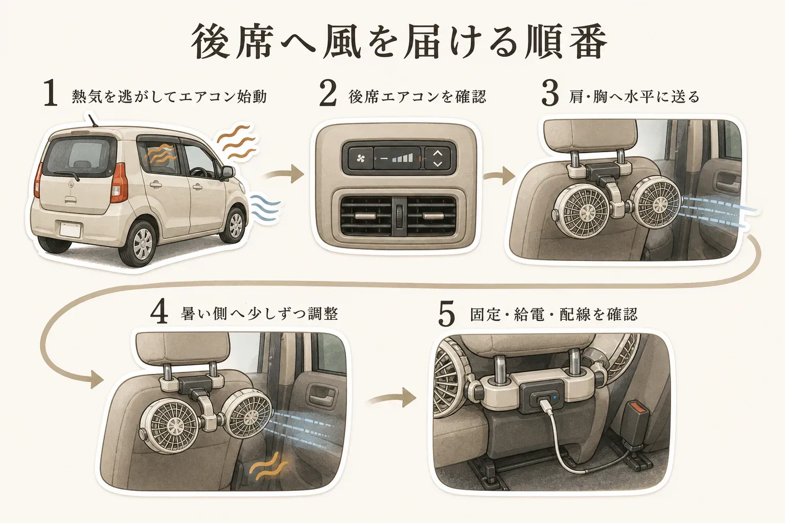 後席へ風を届ける順番として、車内の熱気を逃がしてエアコンを始動し、後席エアコンを確認してから、ヘッドレスト扇風機を肩・胸へ水平に向け、暑い側へ調整し、固定・給電・配線を確認する流れを示した図