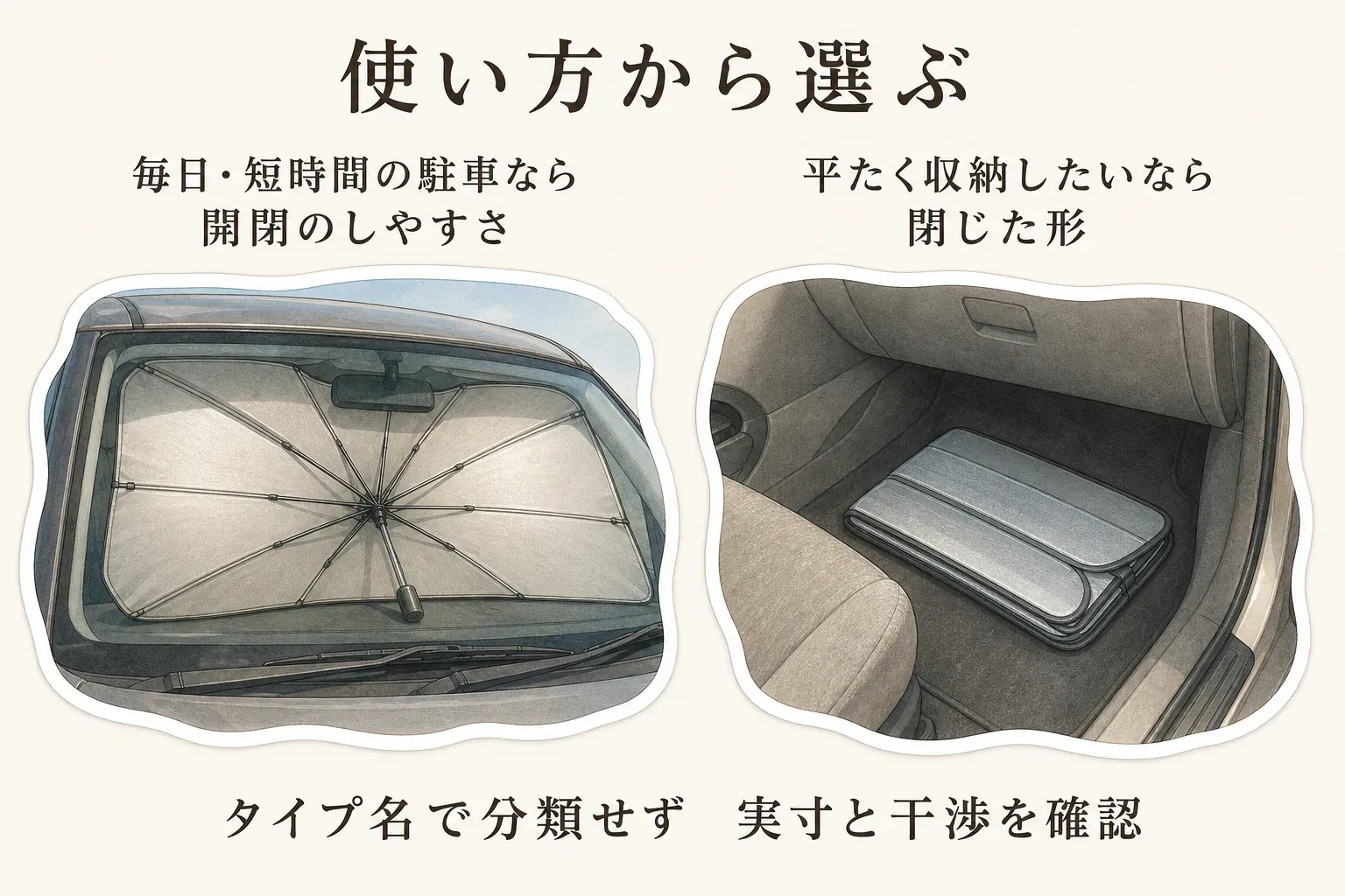 毎日・短時間の駐車では傘型サンシェードの開閉しやすさを、平たく収納したい場合は折りたたみ式の閉じた形と実寸・干渉を確認して選ぶことを示す図