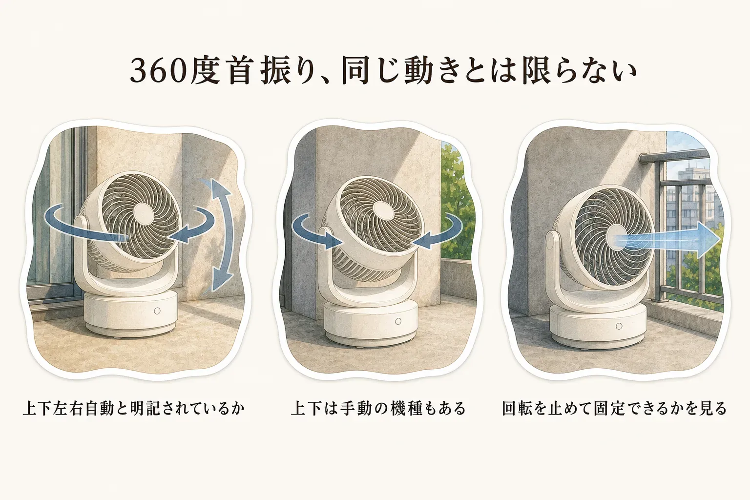 サーキュレーターの首振り機能について、上下左右自動と明記されているか、上下は手動の機種か、回転を止めて固定送風できるかという3つの確認点を示した図