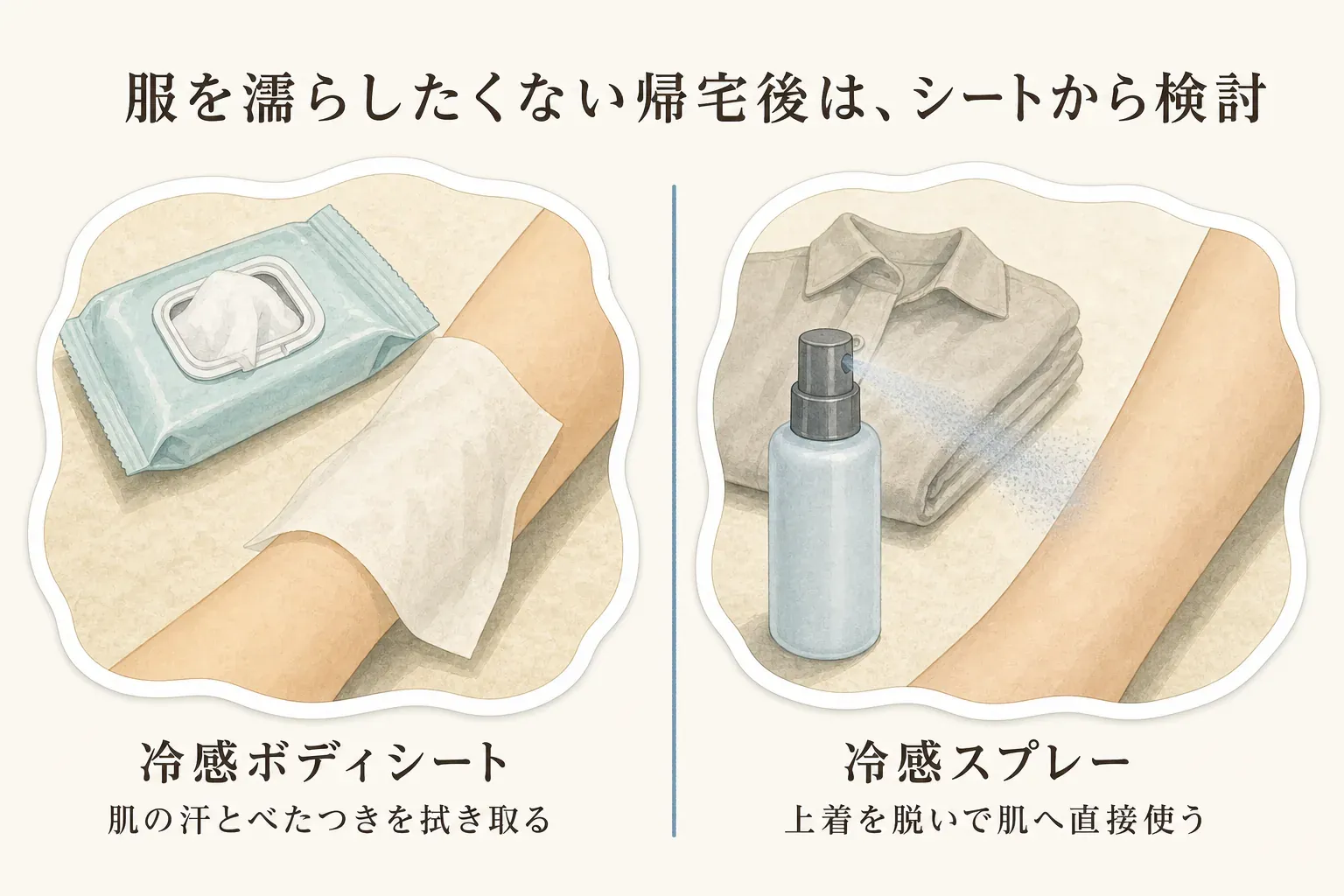 服を濡らしたくない帰宅後は、汗とべたつきを拭き取る冷感ボディシートから検討し、冷感スプレーは上着を脱いで肌へ直接使うことを示した図