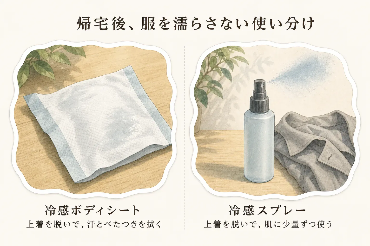 帰宅後に服を濡らさない使い分けとして、冷感ボディシートは上着を脱いで汗とべたつきを拭き、冷感スプレーは上着を脱いで肌に少量ずつ使うことを示した図