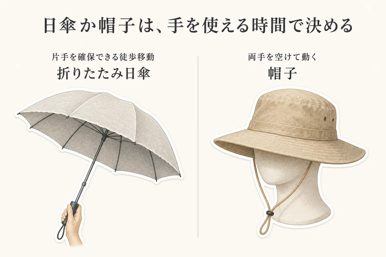 片手を確保できる徒歩移動では折りたたみ日傘を、両手を空けて動く場面では帽子を選ぶ判断を、日傘を持つ手とあご紐付きの帽子のイラストで示す図