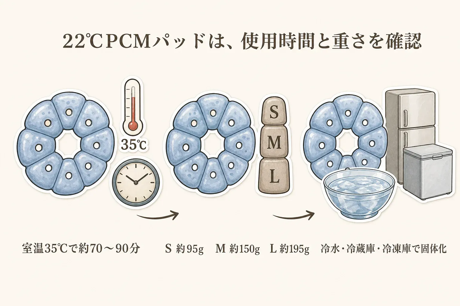 22℃PCMパッドは室温35℃で約70〜90分使用でき、S約95g・M約150g・L約195gのサイズ別重量を確認し、冷水・冷蔵庫・冷凍庫で固体化して使うことを示す図
