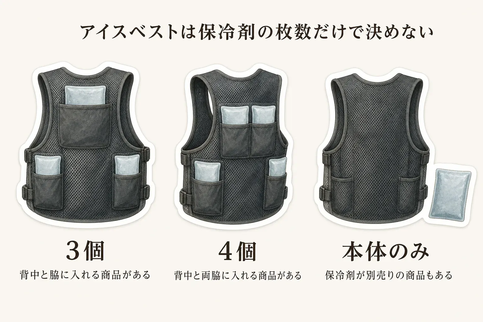 アイスベストでは背中だけを冷やす配置と、背中・両脇の複数箇所に保冷剤を入れる配置があり、肩ベルトや伸縮素材で体に合わせて保冷剤の位置を調整することを示す図