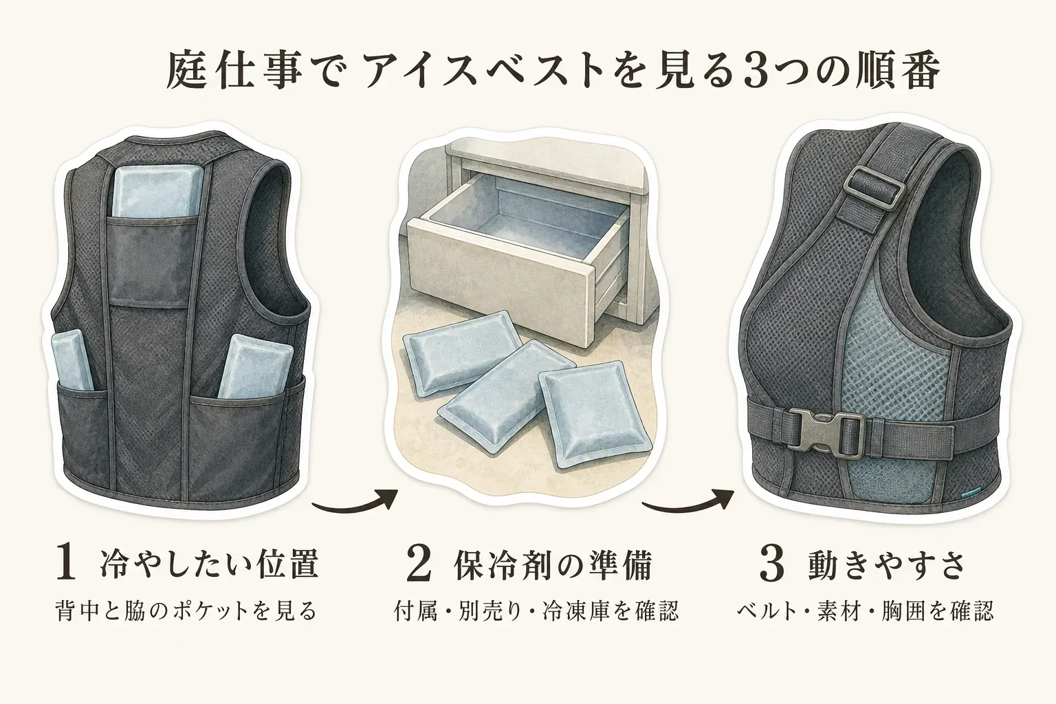 庭仕事用の保冷剤ポケット付きベストを選ぶ際、背中と両脇のポケット配置、保冷剤の付属数と別売り、肩ベルト・バックル・面ファスナー・伸縮素材、空調ウェアとの干渉、胸囲と重ね着の厚みを確認する項目を示す図