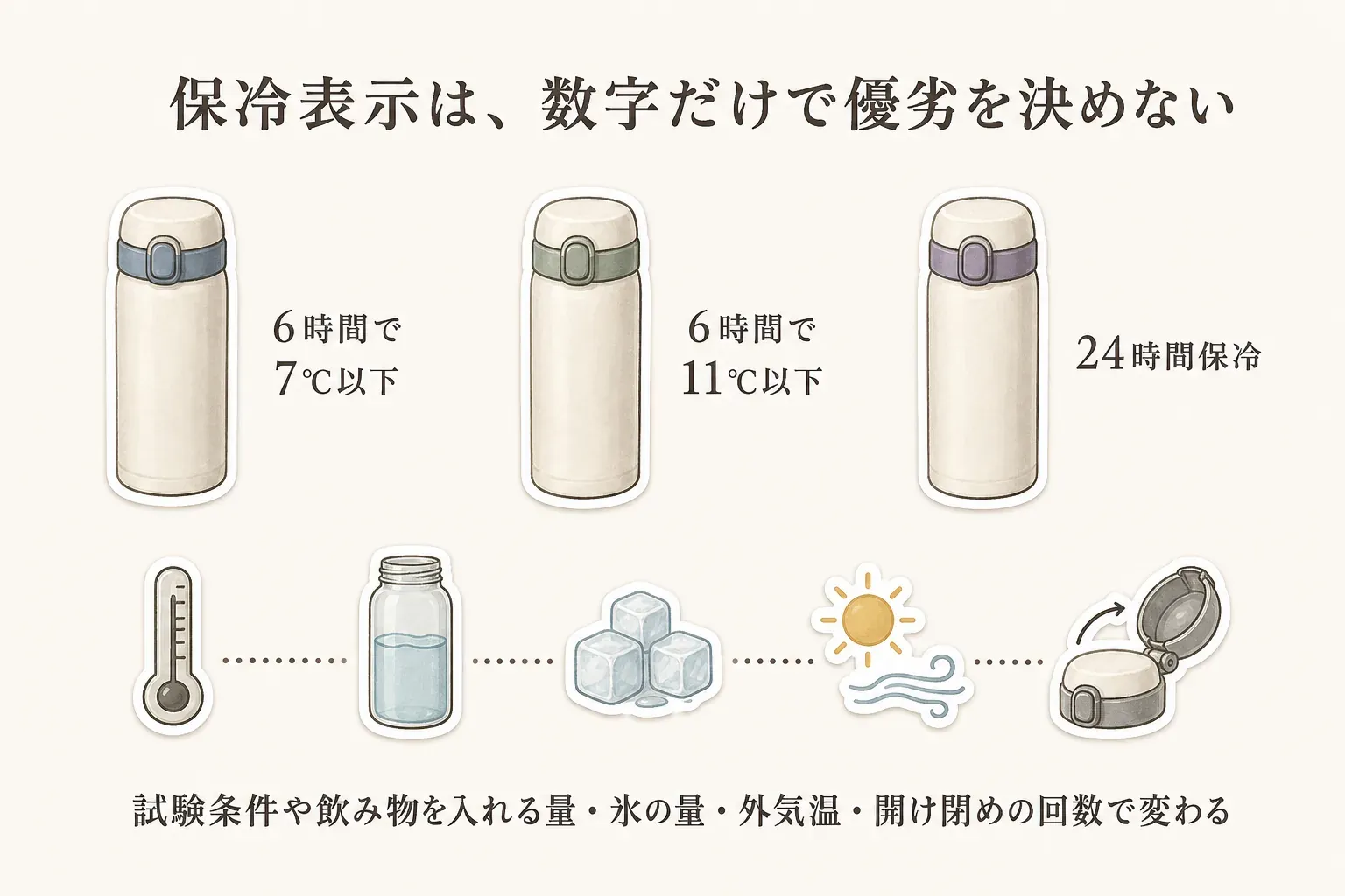 保冷表示の例として「6時間で7℃以下」「6時間で11℃以下」「24時間保冷」を並べ、試験条件、飲み物を入れる量、氷の量、外気温、開け閉めの回数で変わるため、数字だけで優劣を決めないことを示す図