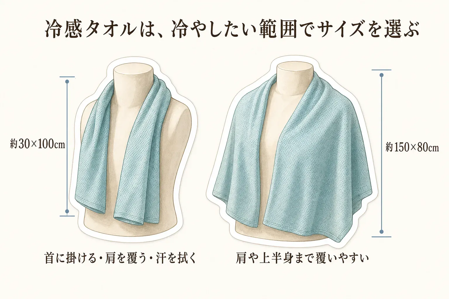約30×100cmの冷感タオルは首掛け・肩掛け・汗拭きに、約150×80cmの大判タオルは肩や上半身を覆う用途に向くことと、持ち運びや濡れた後の扱いやすさも比べる図