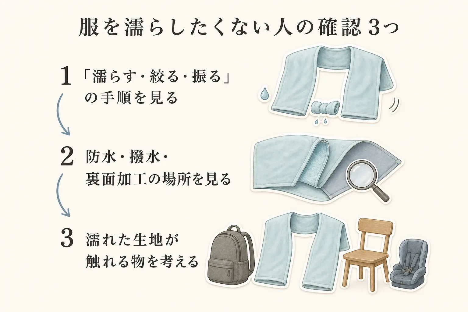 服を濡らしたくない人が冷感ポンチョの購入前に確認する3点を示す図。「濡らす・絞る・振る」の手順、防水・撥水・裏面加工の場所、濡れた生地がリュック・椅子・チャイルドシートなどに触れるかを確認する