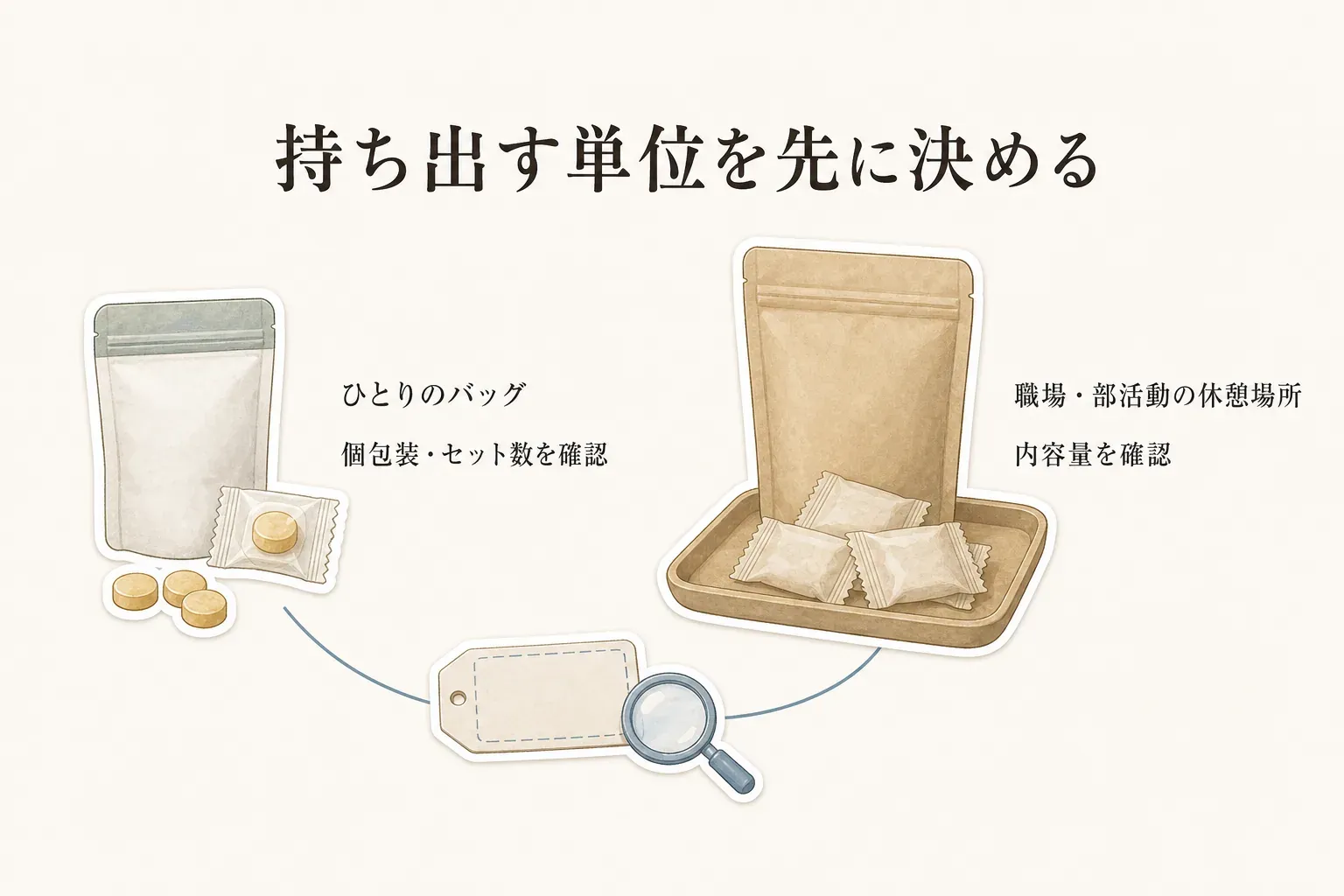 塩分補給品の持ち出す単位を示す図。ひとりのバッグには個包装・セット数を確認し、職場・部活動の休憩場所には内容量を確認する