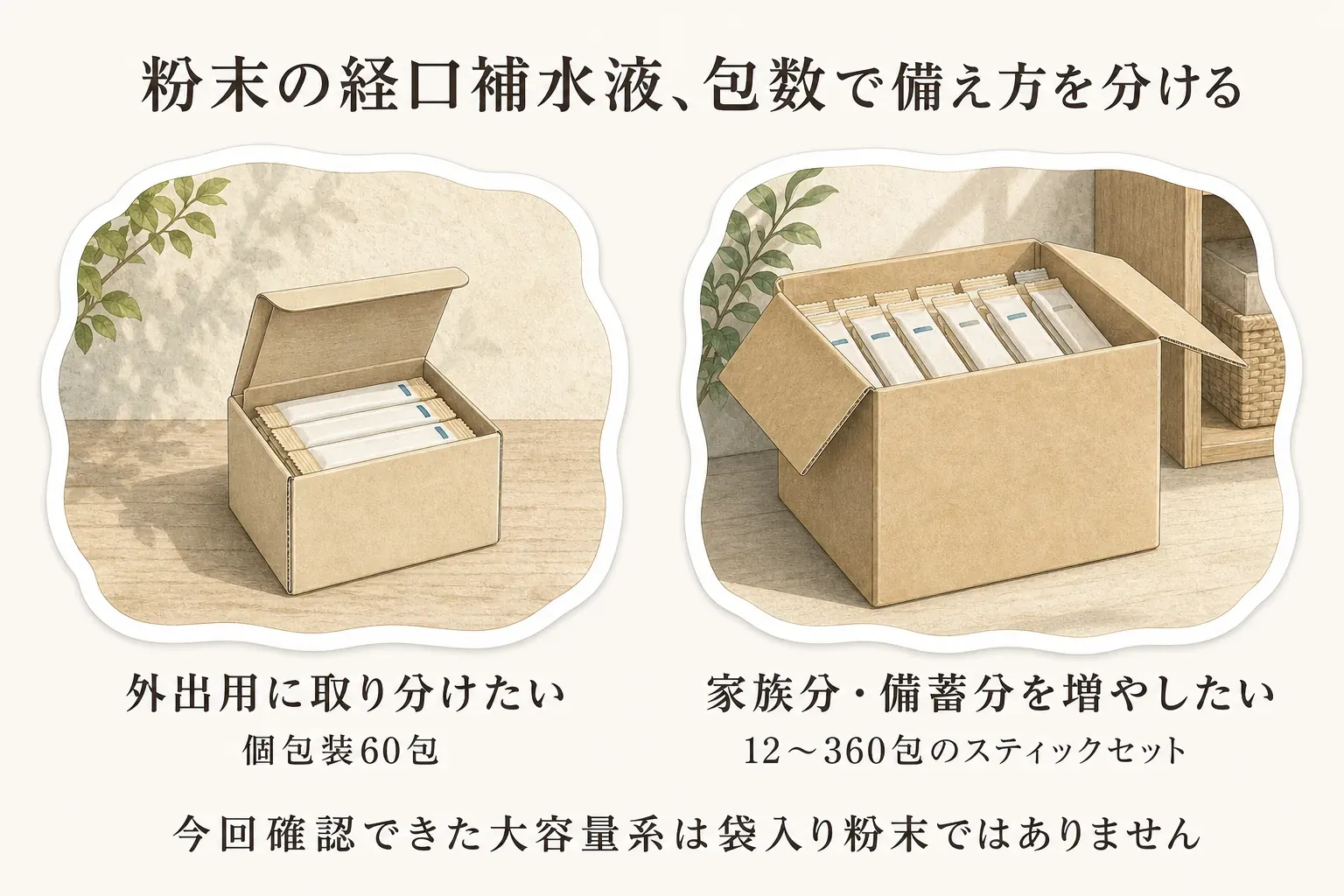 粉末の経口補水液は、外出用に取り分けやすい個包装60包と、家族分・備蓄分を増やしたい人向けの12〜360包のスティックセットに分けて備え、今回確認できた大容量系は袋入り粉末ではないことを示す図