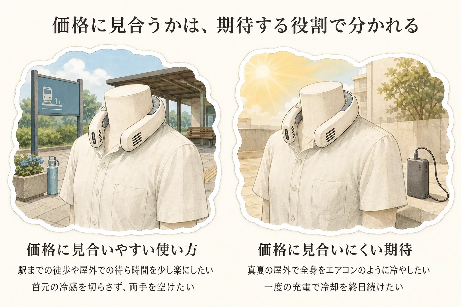 ネッククーラーが価格に見合いやすい使い方として駅までの徒歩や屋外での待ち時間、首元の冷感を保って両手を空けることを、見合いにくい期待として真夏の屋外で全身をエアコンのように冷やすことや一度の充電で終日冷却することを対比した図