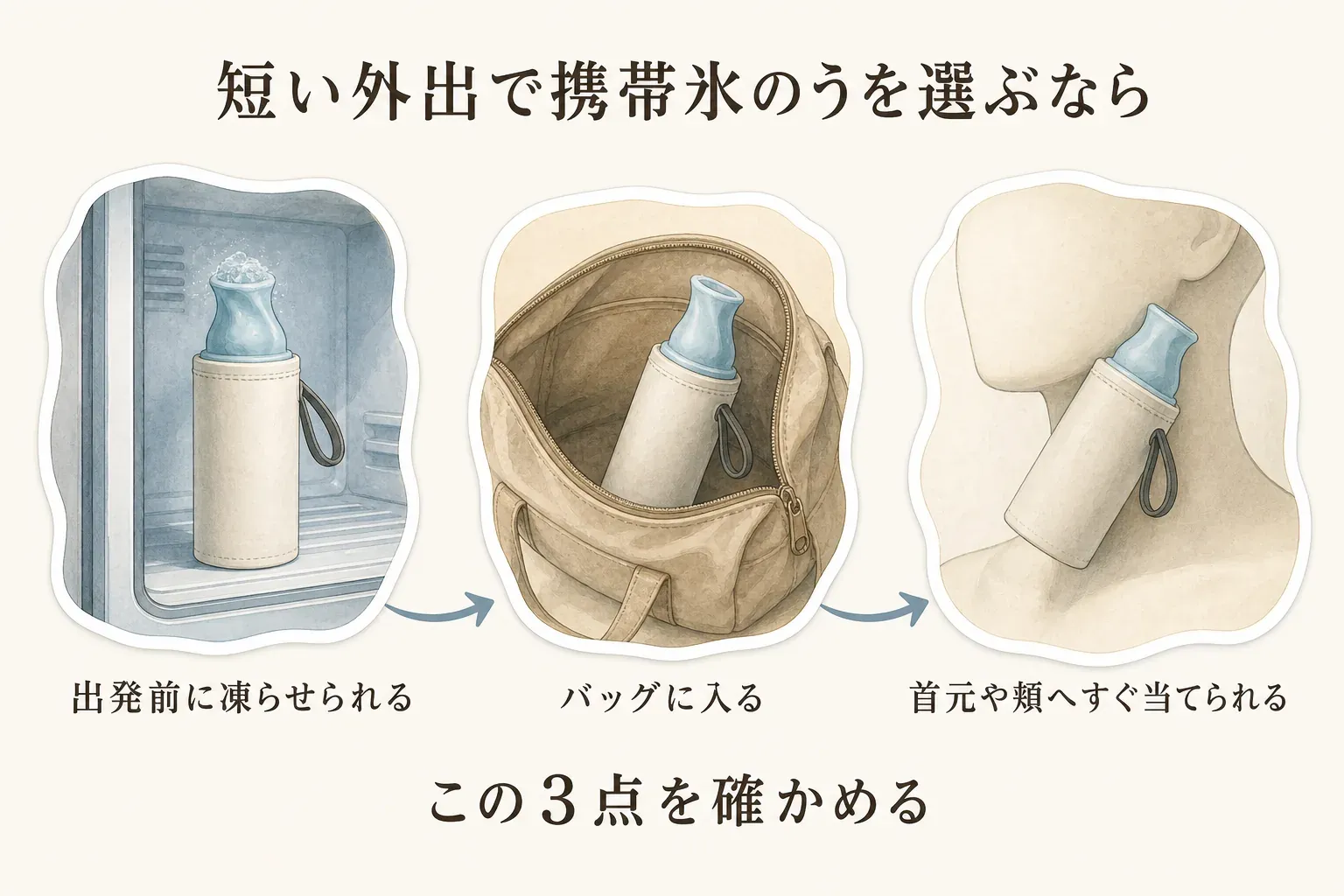短い外出で携帯氷のうを選ぶ際に、出発前に凍らせられること、バッグに入ること、首元や頬へすぐ当てられることの3点を確認する図