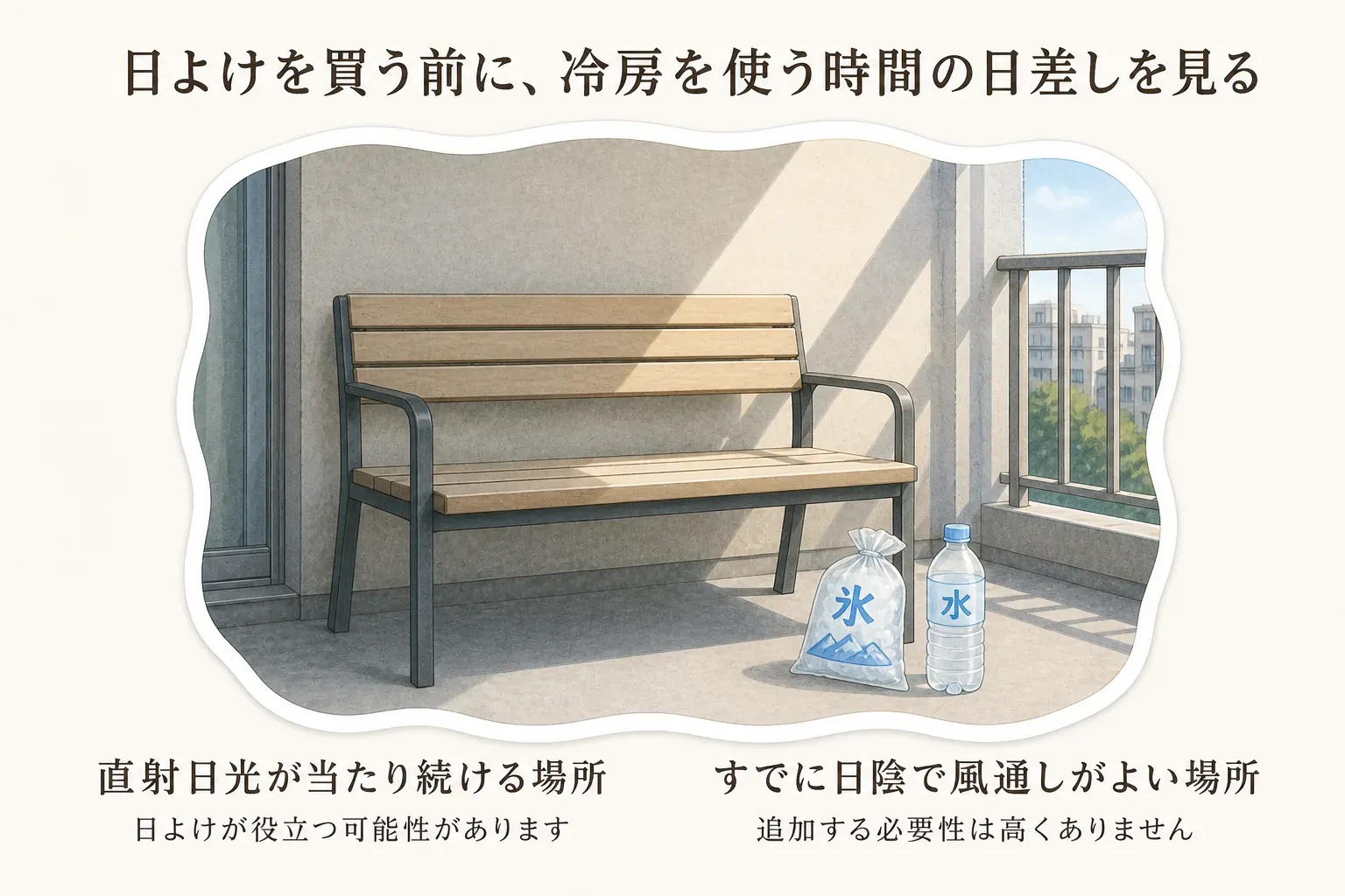 日陰のベンチ、氷の袋、水のペットボトルを描き、直射日光が当たり続ける場所では日よけが役立つ可能性があり、すでに日陰で風通しがよい場所では追加する必要性は高くないことを示した図