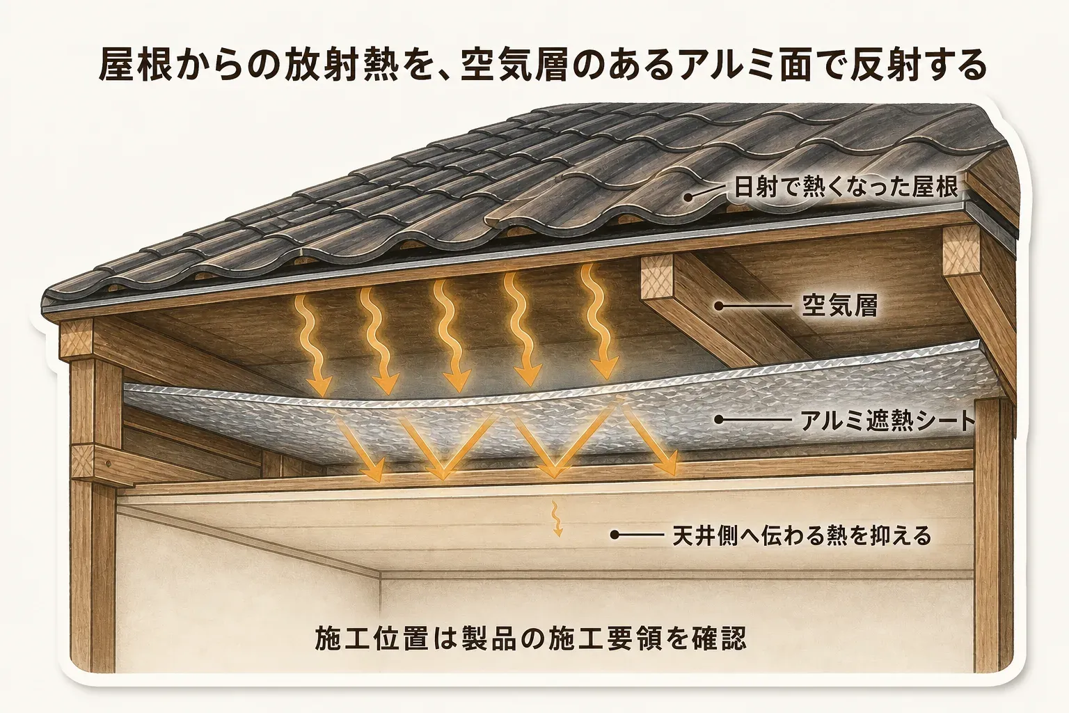 日射で熱くなった屋根からの放射熱をアルミ遮熱シートが反射し、屋根材とシートの間に設けた空気層と通気で天井側への熱侵入を抑える仕組みを示した図（出典：三洋工業「折板屋根向け遮熱工法 ルーフシェード」）