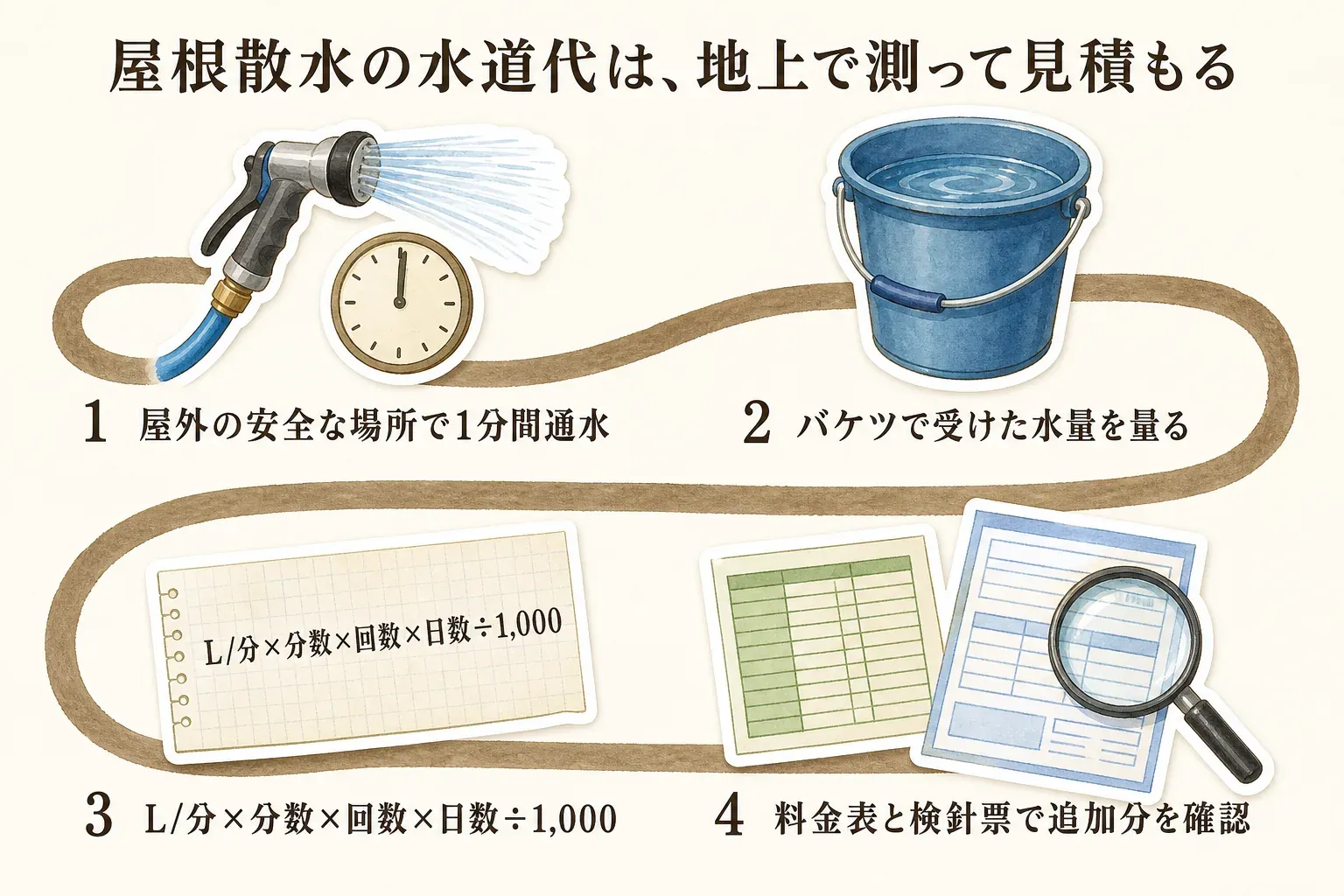 屋根散水の水道代を地上で見積もる4手順を示す図。屋外の安全な場所で1分間通水し、バケツで受けた水量を量り、L/分×分数×回数×日数÷1,000で追加使用量を計算し、料金表と検針票で追加分を確認する