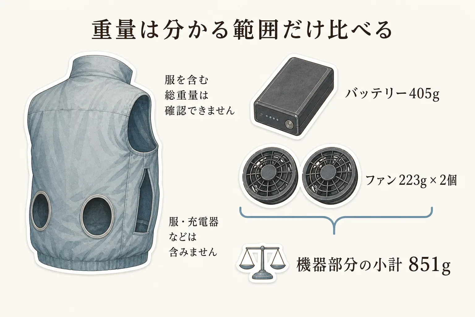 半袖空調服は服を含む総重量を確認できず、バッテリー405gとファン223gを2個の機器部分だけを合計すると851gで、服や充電器などは含まれないことを示す図