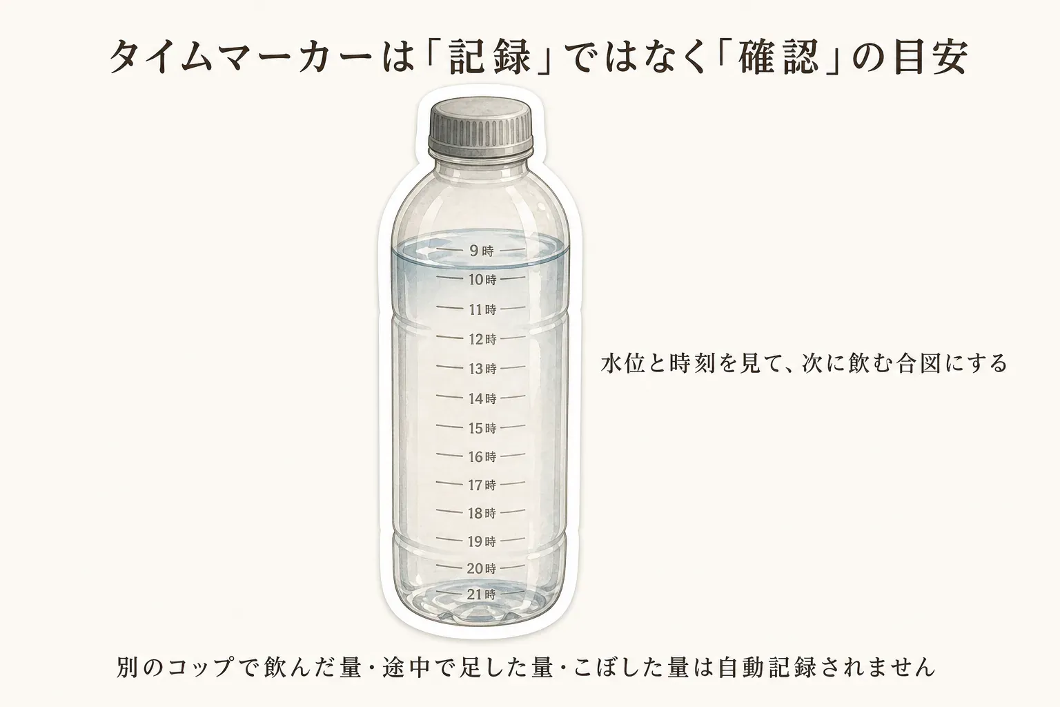 タイムマーカー付きボトルの時刻と水位を見て次に飲む合図にする一方、別のコップで飲んだ量、途中で足した量、こぼした量は自動記録されないことを示す図