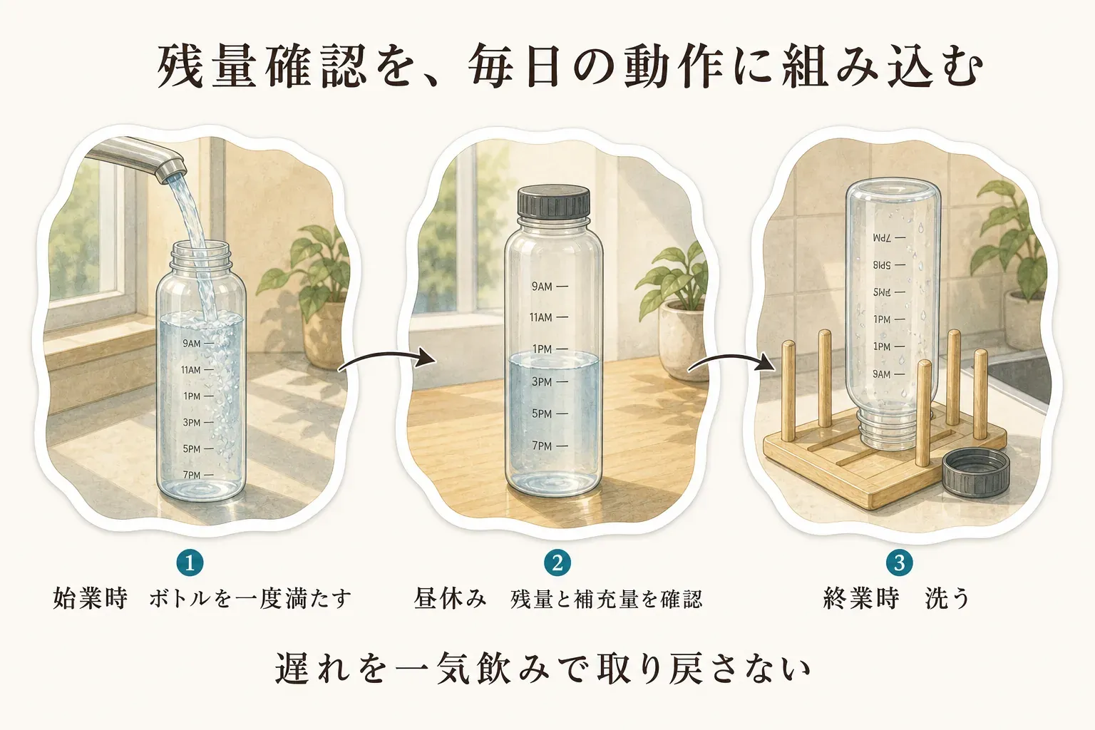 タイムマーカー付きボトルを始業時に満たし、昼休みに残量と補充量を確認し、終業時に洗う毎日の流れと、遅れを一気飲みで取り戻さないことを示す図