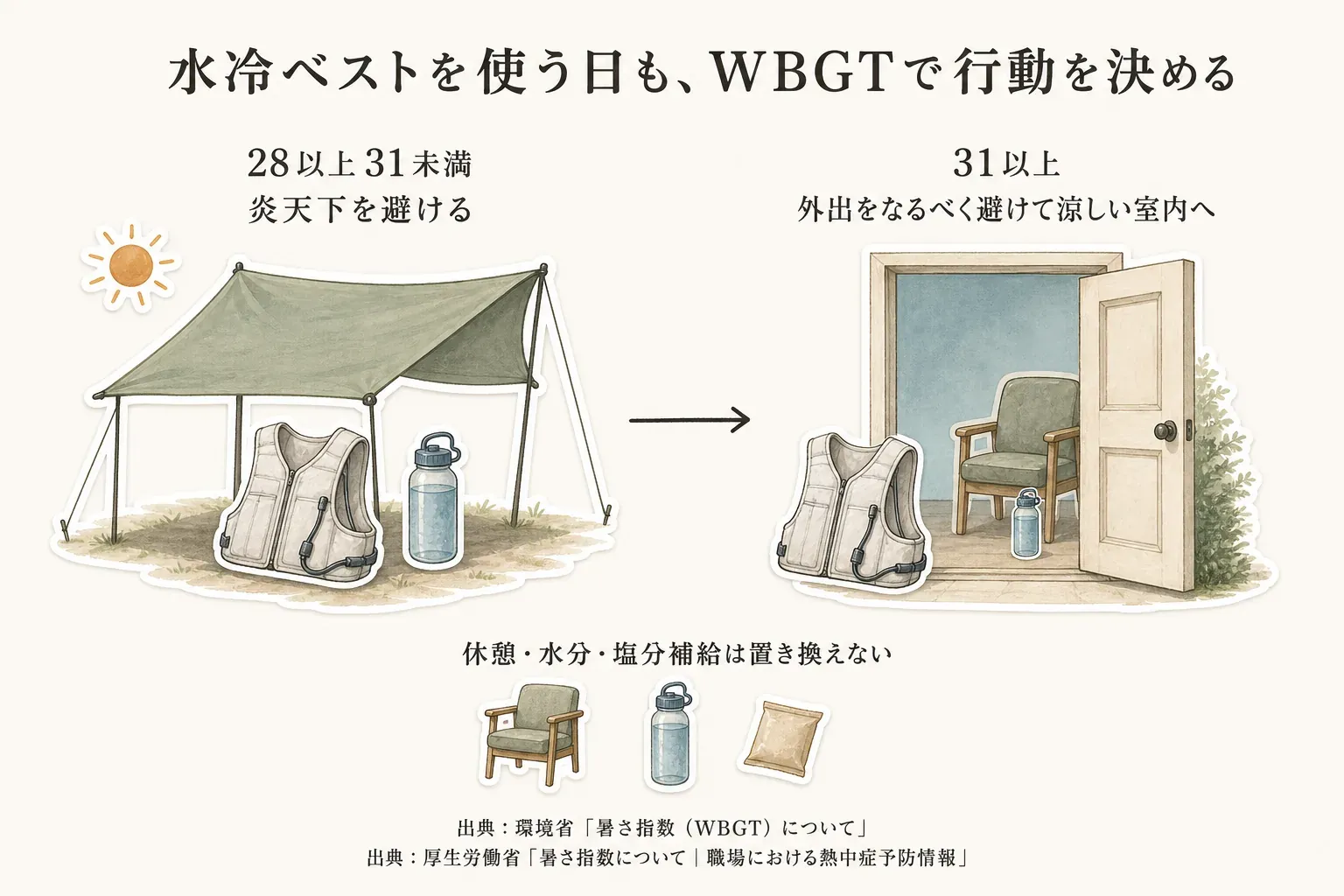水冷ベストを使う日もWBGTで行動を決める図。暑さ指数28以上31未満では炎天下を避け、31以上では外出をなるべく避けて涼しい室内へ移る。休憩・水分・塩分補給は置き換えられない。出典：環境省「暑さ指数（WBGT）について」、厚生労働省「暑さ指数について｜職場における熱中症予防情報」