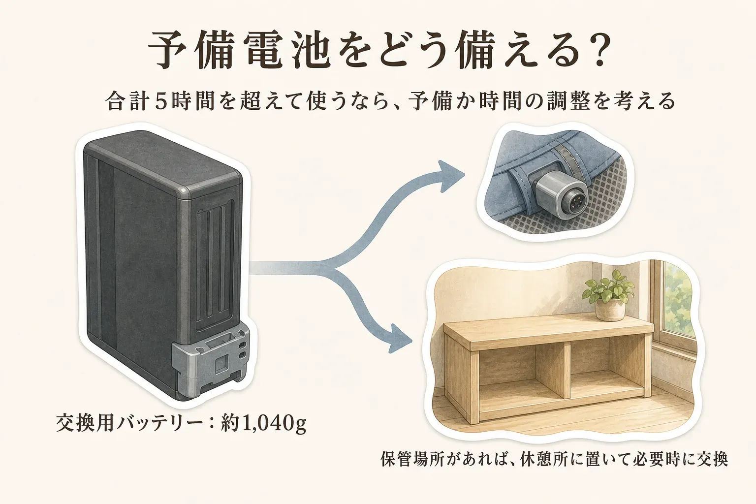 冷却機能を合計5時間を超えて使う場合は予備バッテリーまたは使用時間の調整を検討し、約1,040gの交換用バッテリーは保管場所があれば休憩所に置いて必要時に交換する計画を示す図